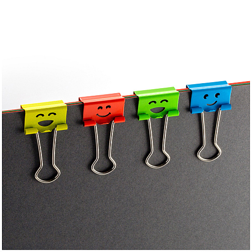Officemate Smiling Faces Binder Clips, 42PC Small - 2.9" Length x 0.8" Width - 0.38" Size Capacity - Foldable, Removable Handle - Assorted, Green, Blue, Yellow, Red - Steel - 42 Piece (31090)