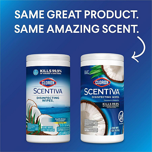 Clorox Scentiva Wipes, Bleach Free Cleaning Wipes Ready-To-Use - Coconut & Water Lily Scent - Bleach-free, Disinfectant, Deodorize - White - 75/Tub - 1 Each (60037)