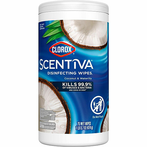 Clorox Scentiva Wipes, Bleach Free Cleaning Wipes Ready-To-Use - Coconut & Water Lily Scent - Bleach-free, Disinfectant, Deodorize - White - 75/Tub - 1 Each (60037)