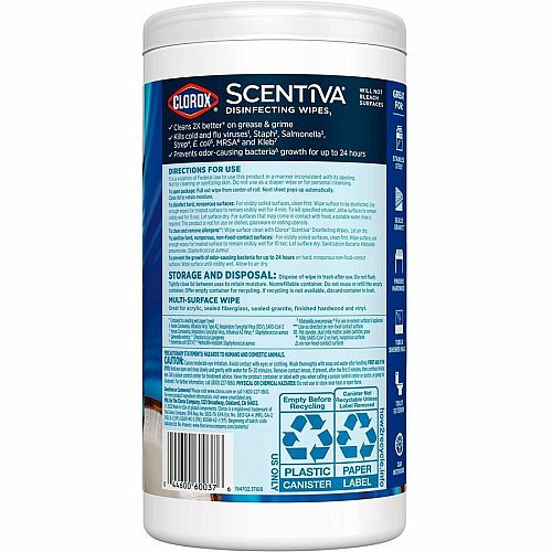 Clorox Scentiva Wipes, Bleach Free Cleaning Wipes Ready-To-Use - Coconut & Water Lily Scent - Bleach-free, Disinfectant, Deodorize - White - 75/Tub - 1 Each (60037)