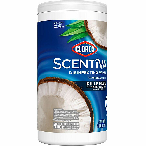 Clorox Scentiva Wipes, Bleach Free Cleaning Wipes Ready-To-Use - Coconut & Water Lily Scent - Bleach-free, Disinfectant, Deodorize - White - 75/Tub - 1 Each (60037)
