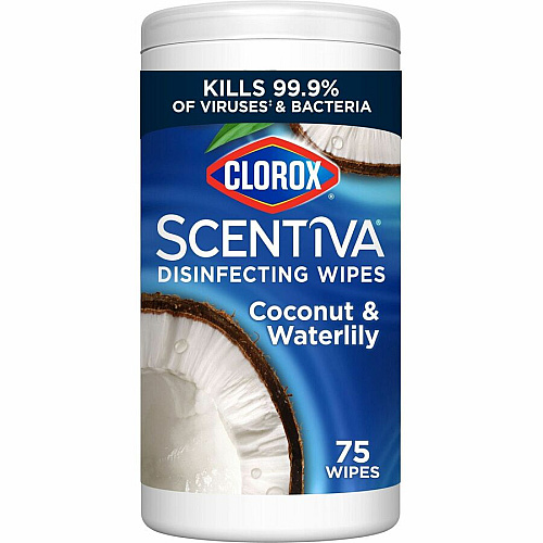 Clorox Scentiva Wipes, Bleach Free Cleaning Wipes Ready-To-Use - Coconut & Water Lily Scent - Bleach-free, Disinfectant, Deodorize - White - 75/Tub - 1 Each (60037)