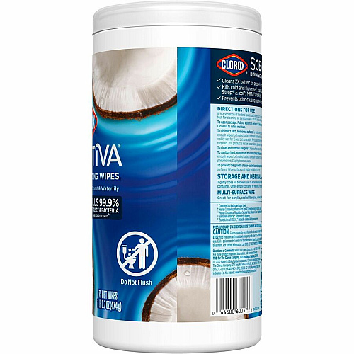 Clorox Scentiva Wipes, Bleach Free Cleaning Wipes Ready-To-Use - Coconut & Water Lily Scent - Bleach-free, Disinfectant, Deodorize - White - 75/Tub - 1 Each (60037)