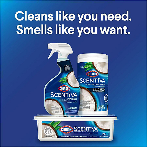 Clorox Scentiva Wipes, Bleach Free Cleaning Wipes Ready-To-Use - Coconut & Water Lily Scent - Bleach-free, Disinfectant, Deodorize - White - 75/Tub - 1 Each (60037)