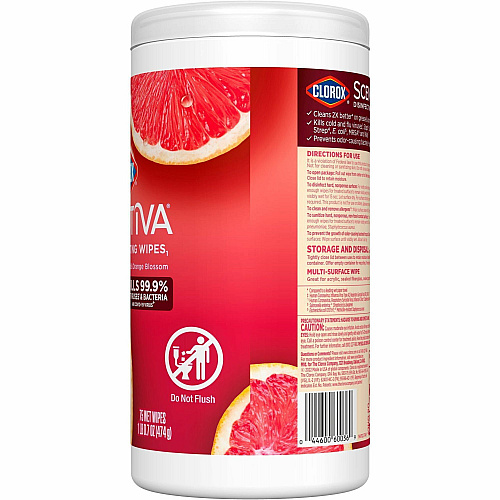 Clorox Scentiva Wipes, Bleach Free Cleaning Wipes Ready-To-Use - Grapefruit, Orange Blossom Scent - Bleach-free, Disinfectant, Deodorize - White - 75/Tub - 1 Each (60036)