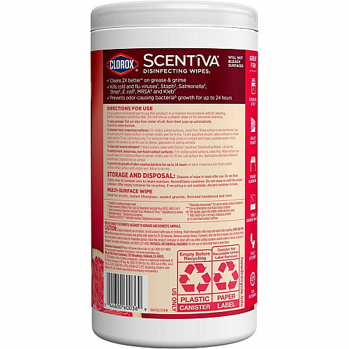 Clorox Scentiva Wipes, Bleach Free Cleaning Wipes Ready-To-Use - Grapefruit, Orange Blossom Scent - Bleach-free, Disinfectant, Deodorize - White - 75/Tub - 1 Each (60036)