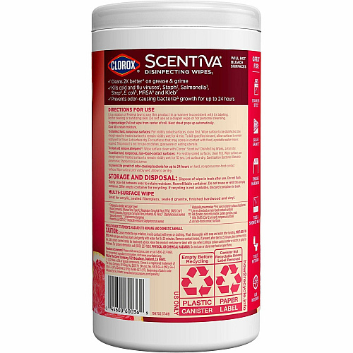 Clorox Scentiva Wipes, Bleach Free Cleaning Wipes Ready-To-Use - Grapefruit, Orange Blossom Scent - Bleach-free, Disinfectant, Deodorize - White - 75/Tub - 1 Each (60036)
