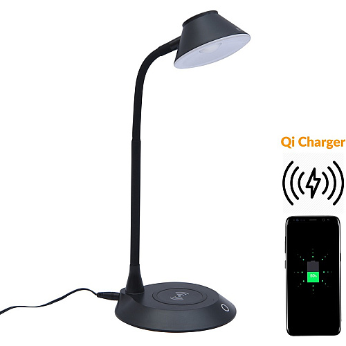 Data Accessories Company MP-323 LED Desk Lamp 5 W LED Bulb - Adjustable Brightness, Qi Wireless Charging, Flicker-free, Glare-free Light, Dimmable, Touch Sensitive Control Panel, Flexible Neck - Desk Mountable - Black - for Desk, Phone (02343)