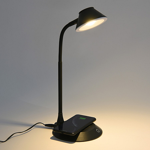 Data Accessories Company MP-323 LED Desk Lamp 5 W LED Bulb - Adjustable Brightness, Qi Wireless Charging, Flicker-free, Glare-free Light, Dimmable, Touch Sensitive Control Panel, Flexible Neck - Desk Mountable - Black - for Desk, Phone (02343)