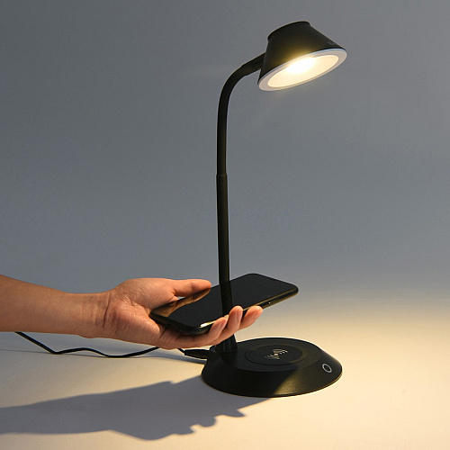 Data Accessories Company MP-323 LED Desk Lamp 5 W LED Bulb - Adjustable Brightness, Qi Wireless Charging, Flicker-free, Glare-free Light, Dimmable, Touch Sensitive Control Panel, Flexible Neck - Desk Mountable - Black - for Desk, Phone (02343)