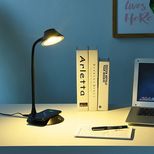 Data Accessories Company MP-323 LED Desk Lamp 5 W LED Bulb - Adjustable Brightness, Qi Wireless Charging, Flicker-free, Glare-free Light, Dimmable, Touch Sensitive Control Panel, Flexible Neck - Desk Mountable - Black - for Desk, Phone (02343)