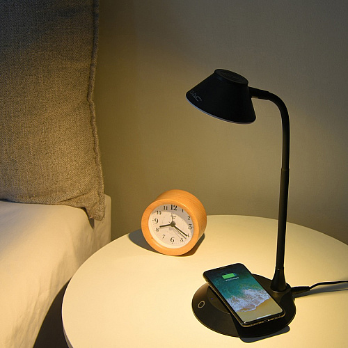 Data Accessories Company MP-323 LED Desk Lamp 5 W LED Bulb - Adjustable Brightness, Qi Wireless Charging, Flicker-free, Glare-free Light, Dimmable, Touch Sensitive Control Panel, Flexible Neck - Desk Mountable - Black - for Desk, Phone (02343)