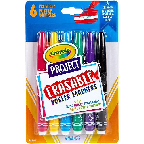 Crayola Project Erasable Poster Markers Chisel Marker Point - Erasable - Red, Yellow, Green, Blue, Purple, Black Ink - 6 / Pack (588371)