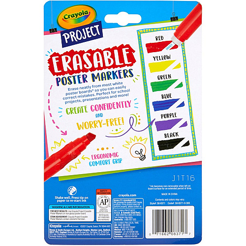 Crayola Project Erasable Poster Markers Chisel Marker Point - Erasable - Red, Yellow, Green, Blue, Purple, Black Ink - 6 / Pack (588371)