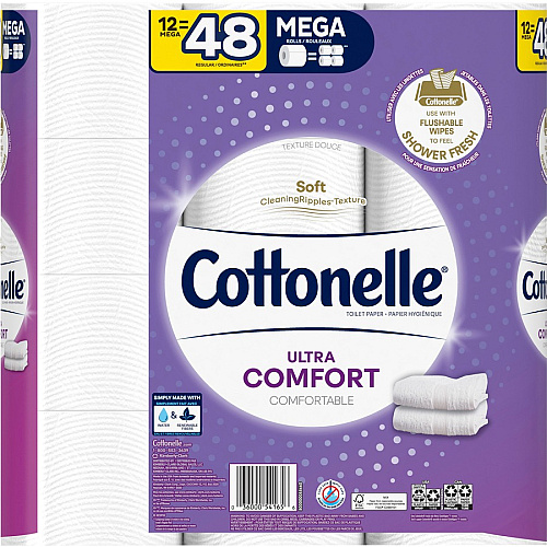 Cottonelle&reg; Ultra Comfort Toilet Paper, 2-Ply, 284 Sheets, 48 Rolls 2 Ply - 268 Sheets/Roll - CleanRipple Texture - White - Fiber - 12 / Pack (54165)