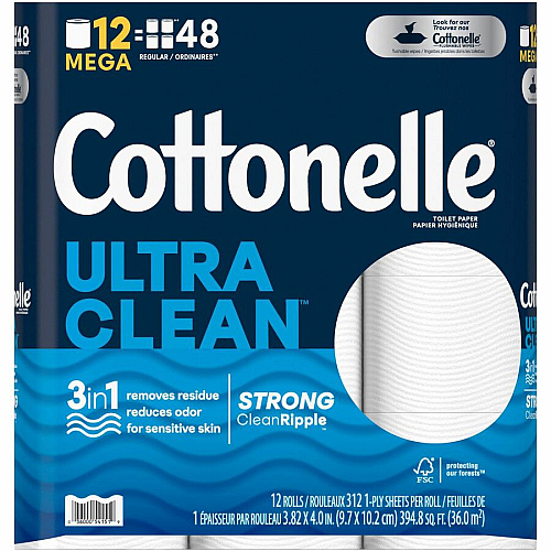 Cottonelle&reg; Ultra Clean Toilet Paper, 2-Ply, 312 Sheets, 48 Rolls 312 Sheets/Roll - White - Fiber - 12 Rolls Per Pack - 4 / Carton (54151CT)