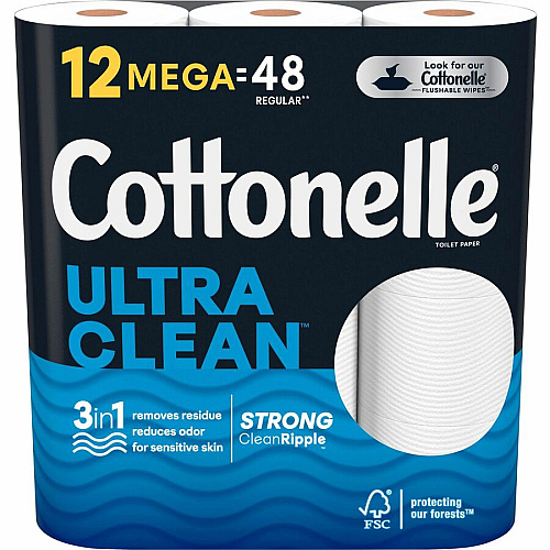 Cottonelle&reg; Ultra Clean Toilet Paper, 2-Ply, 312 Sheets, 48 Rolls 312 Sheets/Roll - White - Fiber - 12 Rolls Per Pack - 4 / Carton (54151CT)