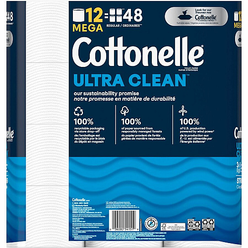 Cottonelle&reg; Ultra Clean Toilet Paper, 2-Ply, 312 Sheets, 48 Rolls 312 Sheets/Roll - White - Fiber - 12 Rolls Per Pack - 4 / Carton (54151CT)