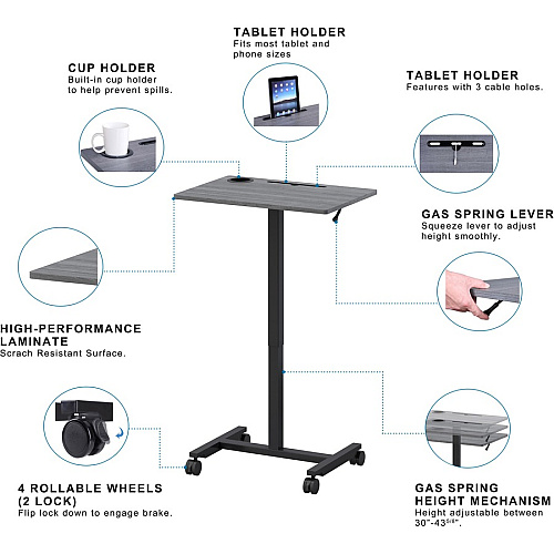 Lorell Height-adjustable Mobile Desk Weathered Charcoal Laminate Top - Powder Coated Base - Height Adjustable - 30" to 43.63" Adjustment - 43" Height x 26.63" Width x 19.13" Depth - Assembly Required - 1 Each (LLR84837)
