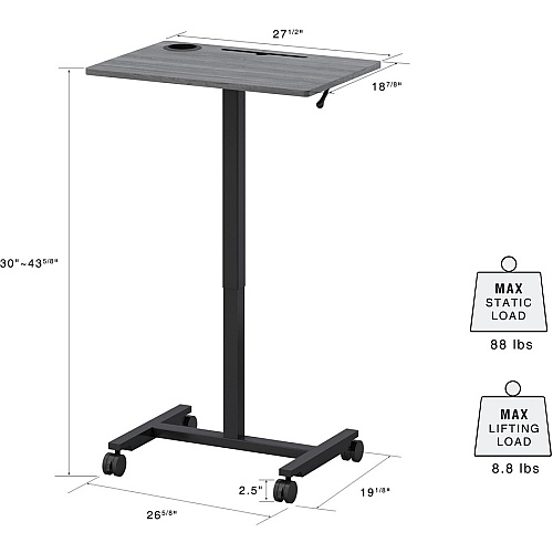 Lorell Height-adjustable Mobile Desk Weathered Charcoal Laminate Top - Powder Coated Base - Height Adjustable - 30" to 43.63" Adjustment - 43" Height x 26.63" Width x 19.13" Depth - Assembly Required - 1 Each (LLR84837)