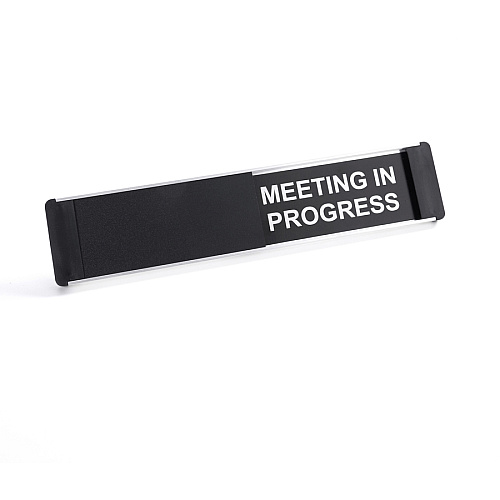 Seco Door Sign Print/Message "Vacant" , "Meeting In Progress" - 10" Width x 2" Height - Rectangular Shape - Self-adhesive, Adhesive Backing - Aluminum, Polyvinyl Chloride (PVC) - Black - 1 Each (OF139255X52)