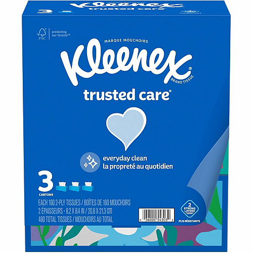 Kleenex trusted care Tissues 2 Ply - 8.40" Width x 8.50" Length - White - 160/Box - 3 / Pack (54303)