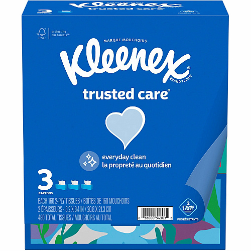 Kleenex trusted care Tissues 2 Ply - 8.40" Width x 8.50" Length - White - 160/Box - 3 / Pack (54303)