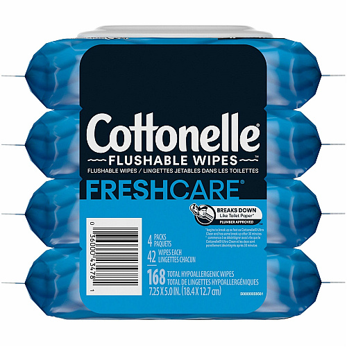 Cottonelle Flushable Wipes 7.25" Length - CleaningRipples Texture - White - FiberPacket - 42/Packet - 4 / Pack (54495)