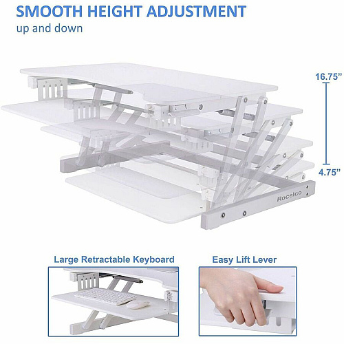 Rocelco ADR 32" Adjustable Desk Riser with EVR Up to 32" Screen Support - 30 lb Load Capacity - 16.75" Height x 32" Width x 23.60" Depth - Desktop, Tabletop - White - For Monitor, Notebook, Keyboard, Workstation - Sturdy, Handle, Ergonomic, Keyboa (RADRW)