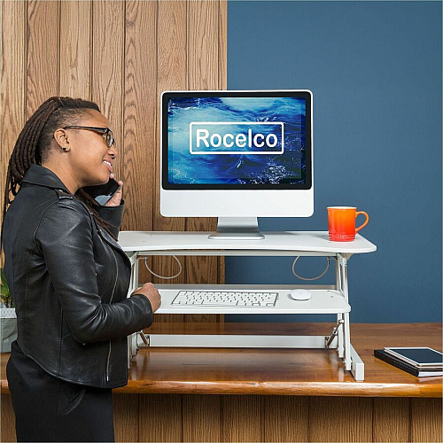Rocelco ADR 32" Adjustable Desk Riser with EVR Up to 32" Screen Support - 30 lb Load Capacity - 16.75" Height x 32" Width x 23.60" Depth - Desktop, Tabletop - White - For Monitor, Notebook, Keyboard, Workstation - Sturdy, Handle, Ergonomic, Keyboa (RADRW)