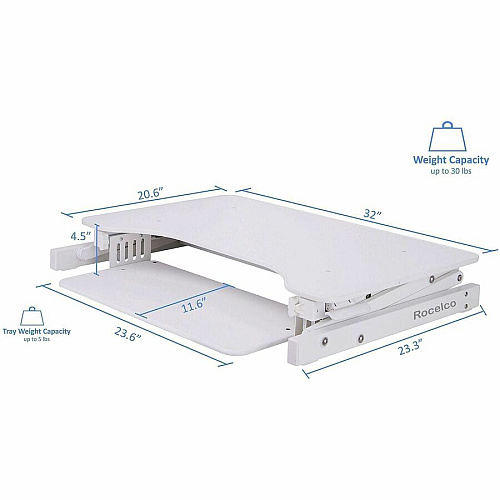 Rocelco ADR 32" Adjustable Desk Riser with EVR Up to 32" Screen Support - 30 lb Load Capacity - 16.75" Height x 32" Width x 23.60" Depth - Desktop, Tabletop - White - For Monitor, Notebook, Keyboard, Workstation - Sturdy, Handle, Ergonomic, Keyboa (RADRW)