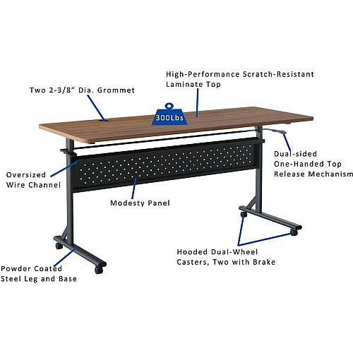 Lorell Shift 2.0 Flip and Nesting Mobile Table Laminated Rectangle Top - 60" Table Top Length x 24" Table Top Width x 1" Table Top Thickness - 29.50" Height - Assembly Required - Walnut - 1 Each (LLR60764)