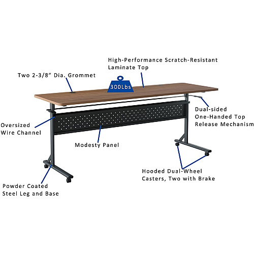 Lorell Shift 2.0 Flip and Nesting Mobile Table Laminated Rectangle Top - 72" Table Top Length x 24" Table Top Width x 1" Table Top Thickness - 29.50" Height - Assembly Required - Walnut - 1 Each (LLR60765)