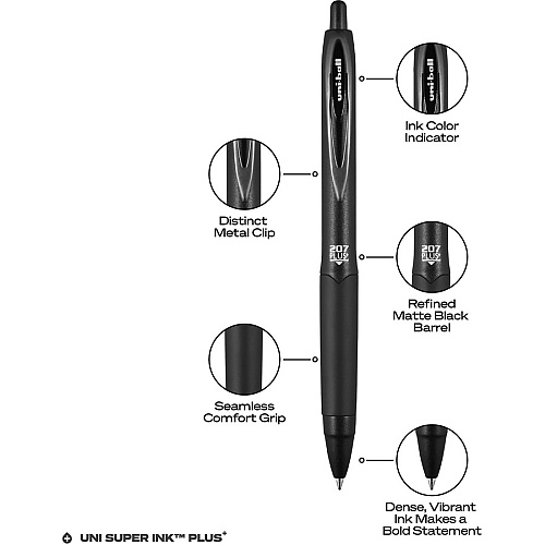 uni-ball uniball&trade; 207 Plus+ Gel Pen 0.7 mm Medium Pen Point - Retractable - Black Ink - Gel-based, Nanofiber Ink - Black Metal Barrel - 36 / Box (70455)