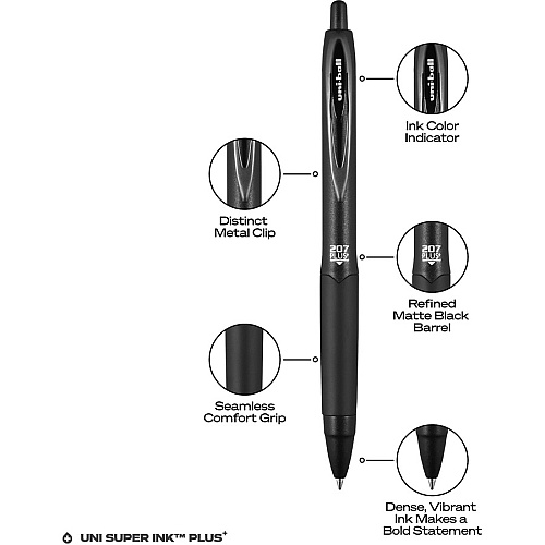 uni-ball uniball&trade; 207 Plus+ Gel Pen 0.7 mm Medium Pen Point - Retractable - Assorted Ink - Gel-based, Nanofiber Ink - Black Metal Barrel - 4 / Pack (70458)