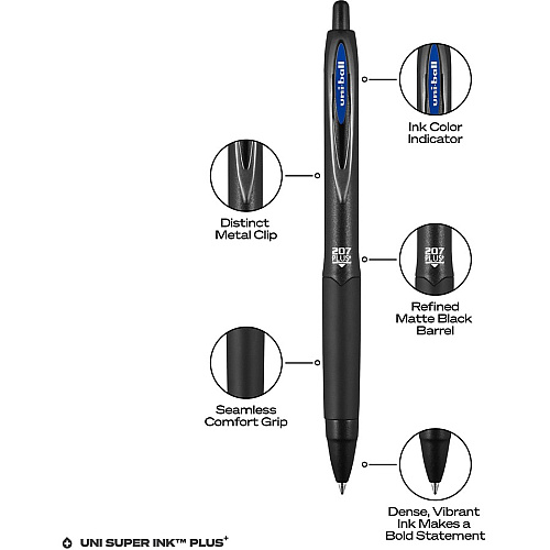 uni-ball uniball&trade; 207 Plus+ Gel Pen 0.7 mm Medium Conical Pen Point - Refillable - Retractable - Blue Ink - Gel-based, Nanofiber Ink - Black Metal Barrel - 1 Dozen (70463)