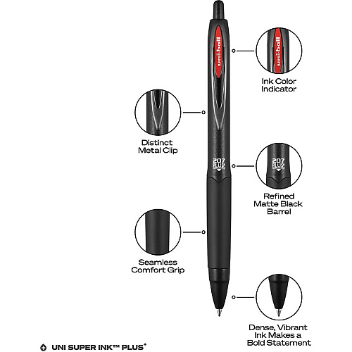 uni-ball uniball&trade; 207 Plus+ Gel Pen 0.7 mm Medium Pen Point - Retractable - Red Ink - Gel-based, Nanofiber Ink - Black Metal Barrel - 1 Dozen (70464)
