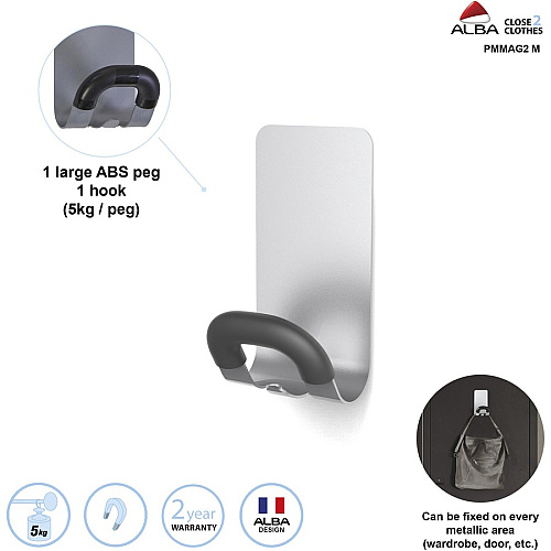 Alba Magnetic Coat Hook 11.02 lb (5 kg) Capacity - for Coat, Metal, Cabinet, Door, Clothes, Umbrella, Key, Accessories - Acrylonitrile Butadiene Styrene (ABS) - Gray - 1 Each (PMMAG2M)