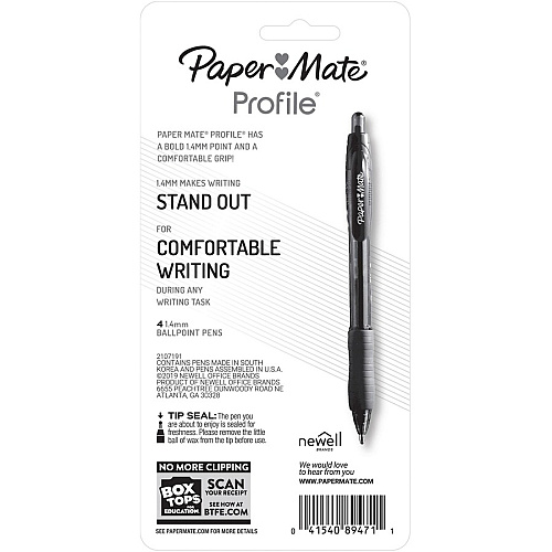 Paper Mate Profile Retractable Gel Pens 0.7 mm Medium Pen Point - Retractable - Black Ink - Gel-based - 4 / Pack (2097013)