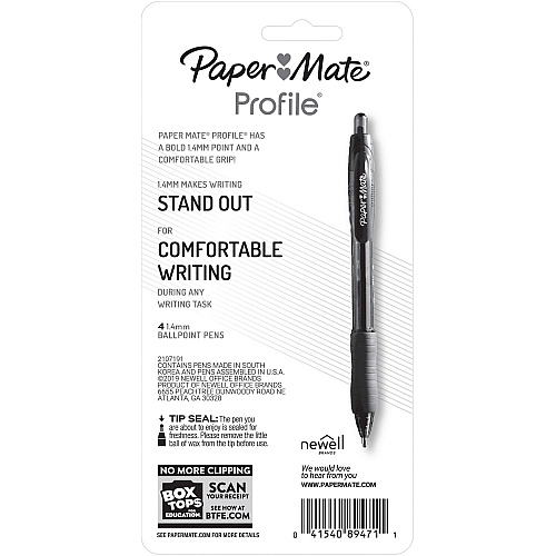 Paper Mate Profile Retractable Gel Pens 0.7 mm Medium Pen Point - Retractable - Black Ink - Gel-based - 4 / Pack (2097013)