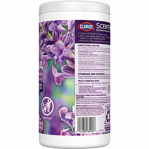 Clorox Scentiva Bleach-Free Disinfecting Wipes Lavender & Jasmine Scent - Bleach-free, Disinfectant, Long Lasting, Deodorize, Odor Neutralizer - White - 75 Tub - 1 Each (60040)