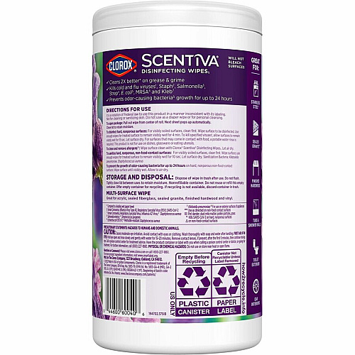 Clorox Scentiva Bleach-Free Disinfecting Wipes Lavender & Jasmine Scent - Bleach-free, Disinfectant, Long Lasting, Deodorize, Odor Neutralizer - White - 75 Tub - 1 Each (60040)
