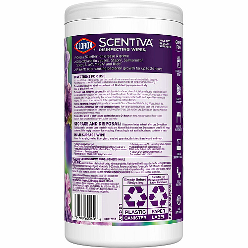 Clorox Scentiva Bleach-Free Disinfecting Wipes Lavender & Jasmine Scent - Bleach-free, Disinfectant, Long Lasting, Deodorize, Odor Neutralizer - White - 75 Tub - 1 Each (60040)