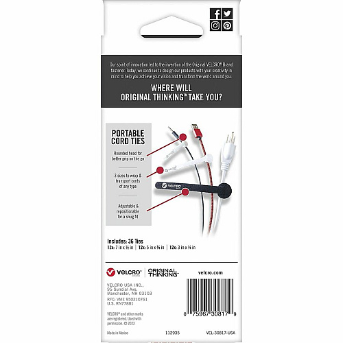 VELCRO&reg; Portable Cord Ties Cable Tie - Multi - 36 / Pack (30817)