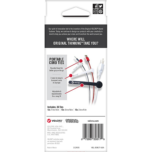 VELCRO&reg; Portable Cord Ties Cable Tie - Multi - 36 / Pack (30817)