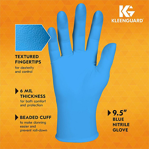 Kleenguard G10 Blue Nitrile Gloves 6 mil Thickness x 9.50" Glove Length - Medium Size - For Right/Left Hand - Nitrile - Blue - High Tactile Sensitivity, Textured Grip - For Food Handling, Food Preparation, Manufacturing, Food Service, Electrical,  (54422)