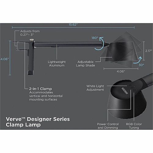 Bostitch Verve Adjustable LED Desk Lamp LED Bulb - Adjustable, Dimmable, Adjustable Brightness, Clock, Durable, Swivel Base, Color Changing Mode - Aluminum - Desk Mountable - Black - for Desk - Alexa Supported (2200CLSMBK)