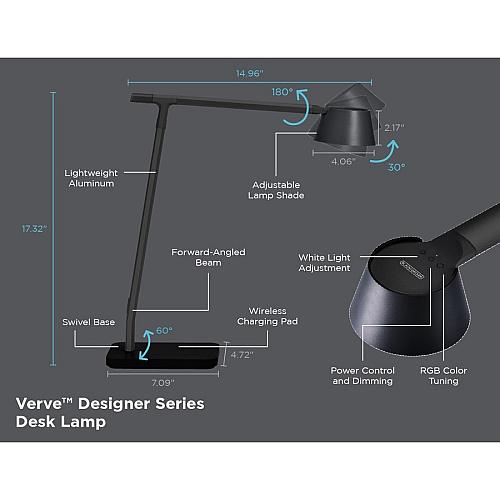Bostitch Verve Adjustable LED Desk Lamp LED Bulb - Adjustable, Dimmable, Adjustable Brightness, Clock, Durable, Wireless Charging, Swivel Base, Color Changing Mode - Aluminum - Desk Mountable - Black - for Desk - Alexa Supported (2200QISMBK)
