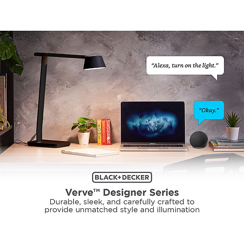 Bostitch Verve Adjustable LED Desk Lamp LED Bulb - Adjustable, Dimmable, Adjustable Brightness, Clock, Durable, Wireless Charging, Swivel Base, Color Changing Mode - Aluminum - Desk Mountable - Black - for Desk - Alexa Supported (2200QISMBK)