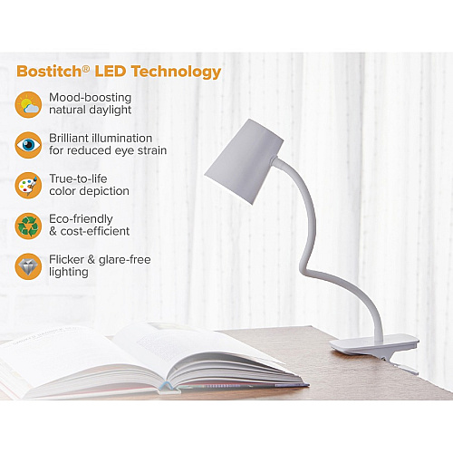 Bostitch Adjustable LED Clamp Light 5.20 W LED Bulb - Adjustable, Flexible Neck, Adjustable Head - Silicone - Desk Mountable, Wall Mountable - White - for Desk, Cubicle, Home, Office, Classroom, Communal Area (LED2103)